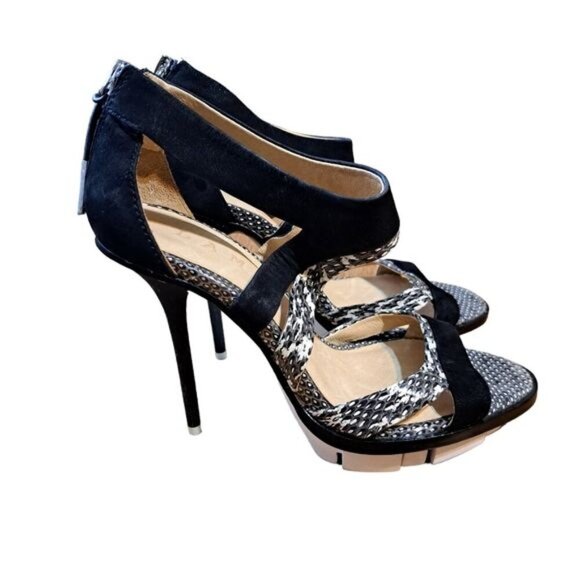 L.A.M.B  Snake Skin Black Leather Strappy‎ Platform Sillito Heels 6.5 - Picture 1 of 12